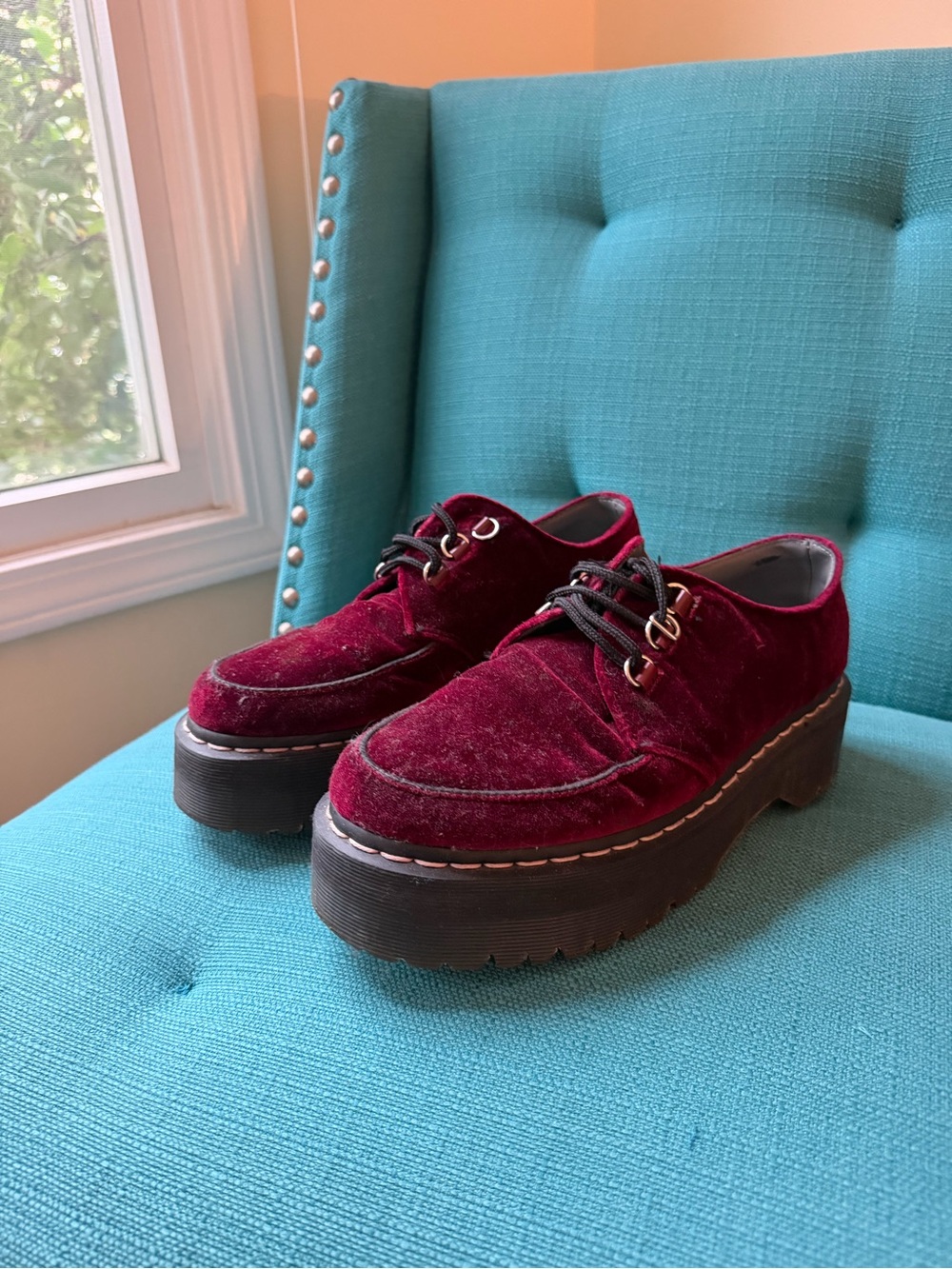 RARE Dr. Martens Aggy Creeper Cherry Velvet Platform Shoe